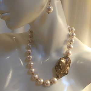 Ephe210 Pink Faux Pearl & Jasper Necklace Set